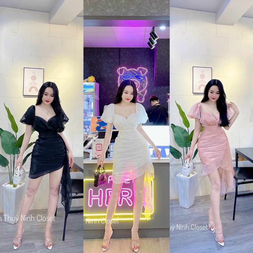 Đầm Váy Nữ Chất Vải Voan Bóng Tay Phồng Bèo Lai Thiết Kế Sang Chảnh Đi Làm Công Sở, Dạ Hội Và Du Lịch Cực Xinh Đẹp