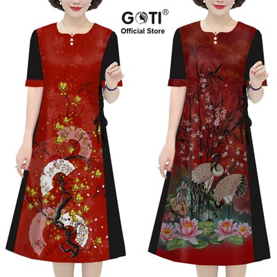 Goti - Đầm Dáng Suông Trung Niên Kiểu Đầm Dự Tiệc Phối Màu In Hoa Lá Tặng Mẹ U50 U60 3336