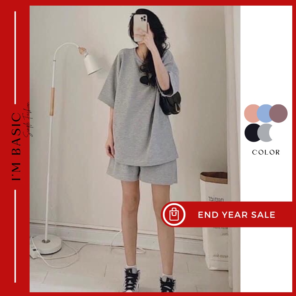 Set Bộ Ngắn Tay Trơn Nữ Màu Xanh I'M BASIC Girly Cotton 4 Chiều Co Giãn Thoáng Mát Phong Cách Hàn Quốc BCT01