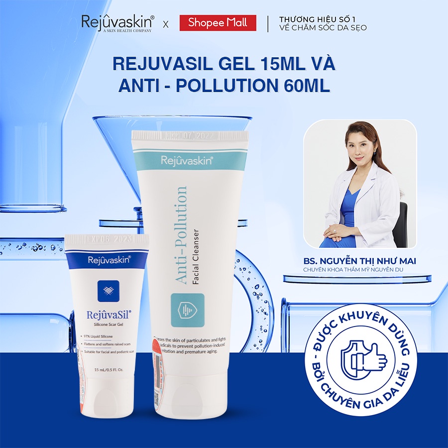 Combo chăm sóc da Rejuvaskin ngăn ngừa sẹo, làm xẹp sẹo lồi, sẹo phì đại Rejuvasil Gel 15ml và Sữa rửa mặt 60ml