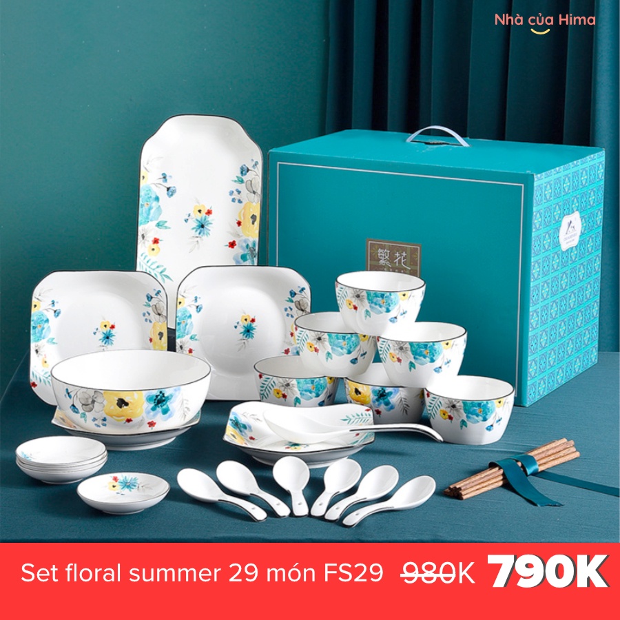 Bộ bát đĩa sứ 24,29 món Floral Summer hoa cỏ mùa xuân cao cấp