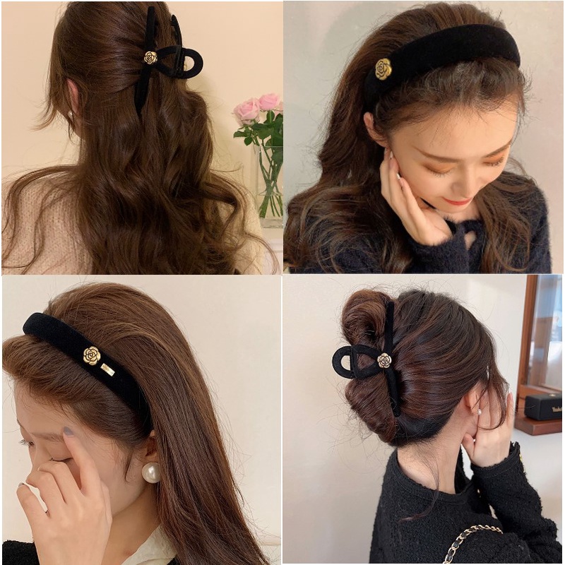 (Mới 2023) Cài băng đô/Kẹp càng cua nhung đen Dongdaemun hoa trà retro cổ điển kiểu Pháp sang trọng Tatitava
