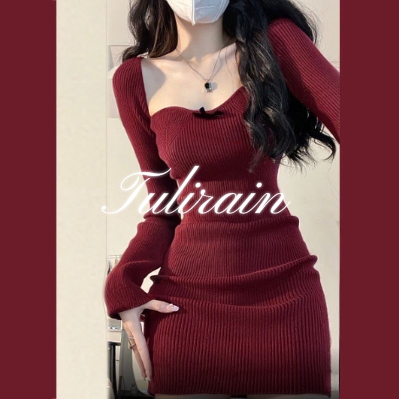 Tulirain Đầm Tay Dài Cổ Vuông Màu Sắc Thanh Lịch Dành Cho Nữ