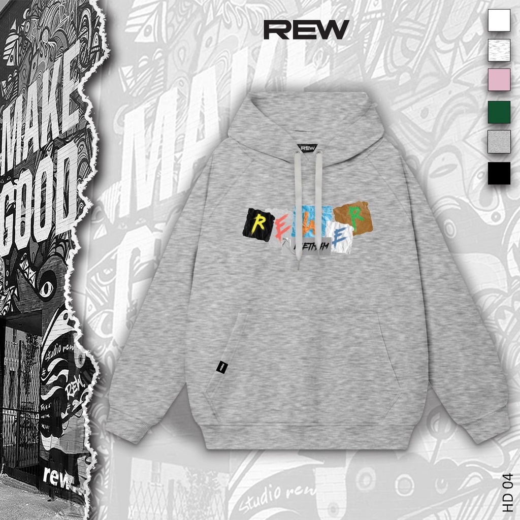 Áo Hoodie xám ghi đậm form rộng 100% Cotton REW - Định Lượng 350GSM form rộng Unisex dành cho cả nam và nữ