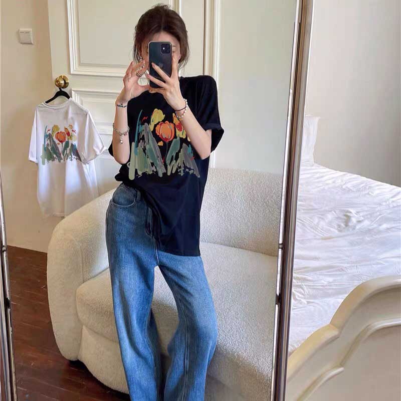 Áo Thun Ngắn Tay In Hoa Xinh Xắn Theo Phong Cách Hàn Quốc