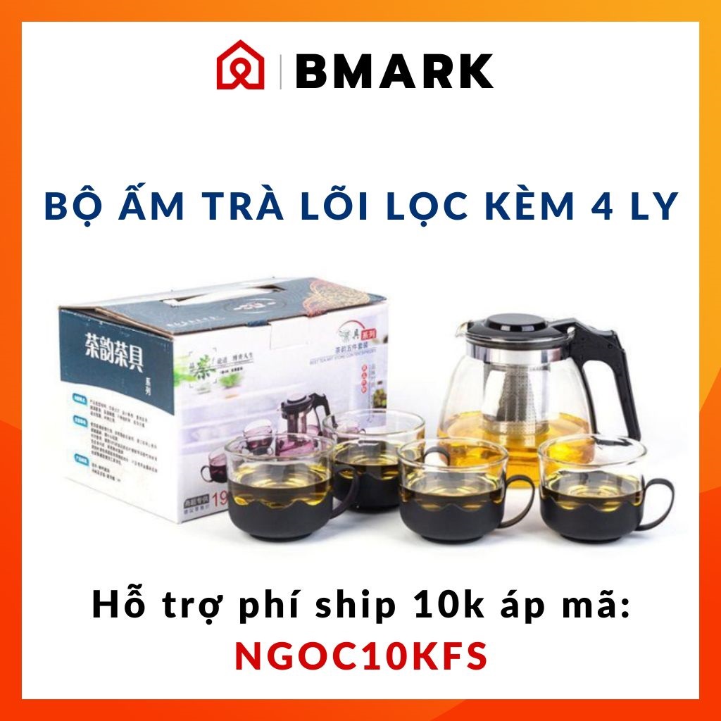 Bộ ấm chén pha uống trà giữ nhiệt thủy tinh 700ML có lõi lọc kèm 4 ly sang trọng có quai cách nhiệt dễ cầm nắm từ BMARK