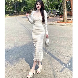 Đầm hai dây body nữ dáng midi đuôi cá dài phối ren T3.23
