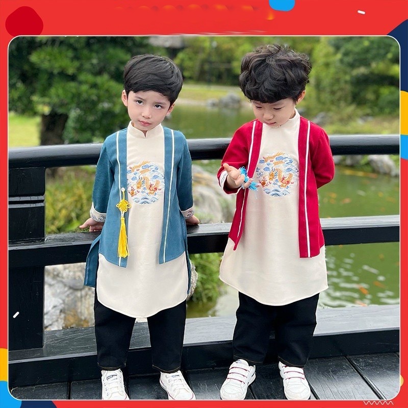 Áo dài cách tân bé trai chất nhung li tặng kèm khánh đeo 8kg đến 28kg