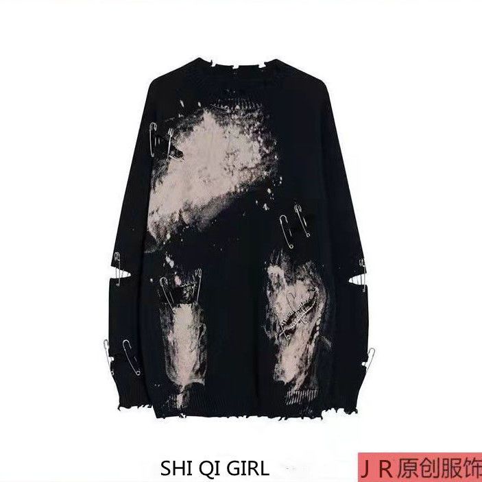 Áo Sweater Dệt Kim Tay Dài Dáng Rộng In Họa Tiết Thổ Cẩm Màu Đen Thời Trang Thu Đông Cho Nam Và Nữ