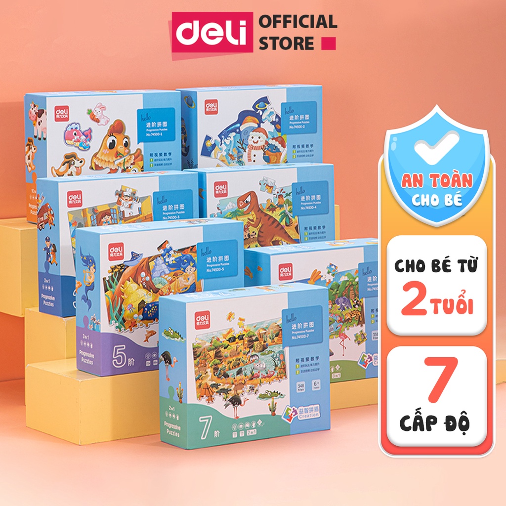 Tranh Ghép Hình Deli Cho Bé Độ Khó Tăng Dần - Chủ Đề Động Vật, Khủng Long, Đại Dương - Đồ Chơi Giáo Dục Từ 2 Tới 6 Tuổi
