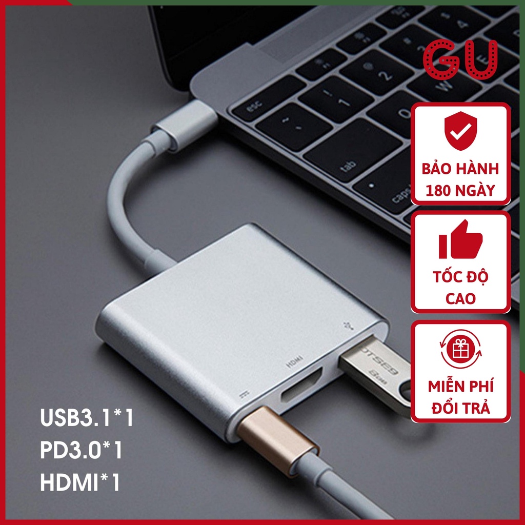 Hub Type C 3in1 - Cổng chuyển đổi HUB USB Type-C to HDMI, USB 3.0, PD Type-C cho Laptop Macbook, Điện thoại, Samsung Dex