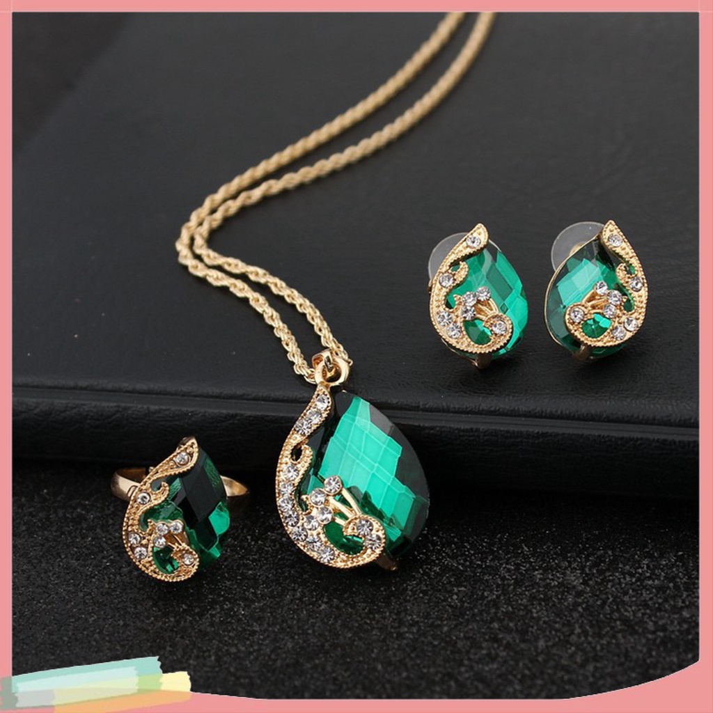 1 Bộ Vòng cổ + Nhẫn + Đôi Khuyên Tai Hình Con Công Đính Đá Nhân Tạo Thời Trang Cho Nữ