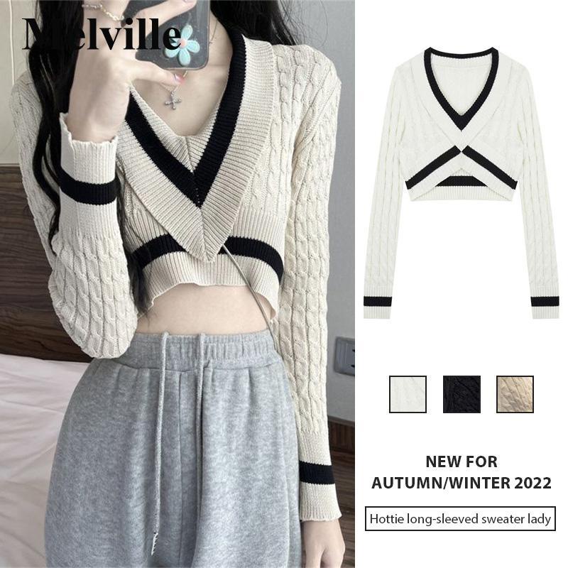 MELVILLE Áo len kiểu trễ vai cổ chữ V dệt kim dài tay bồng Hàn Quốc, Áo Croptop nữ kiểu Ulzzang 2023
