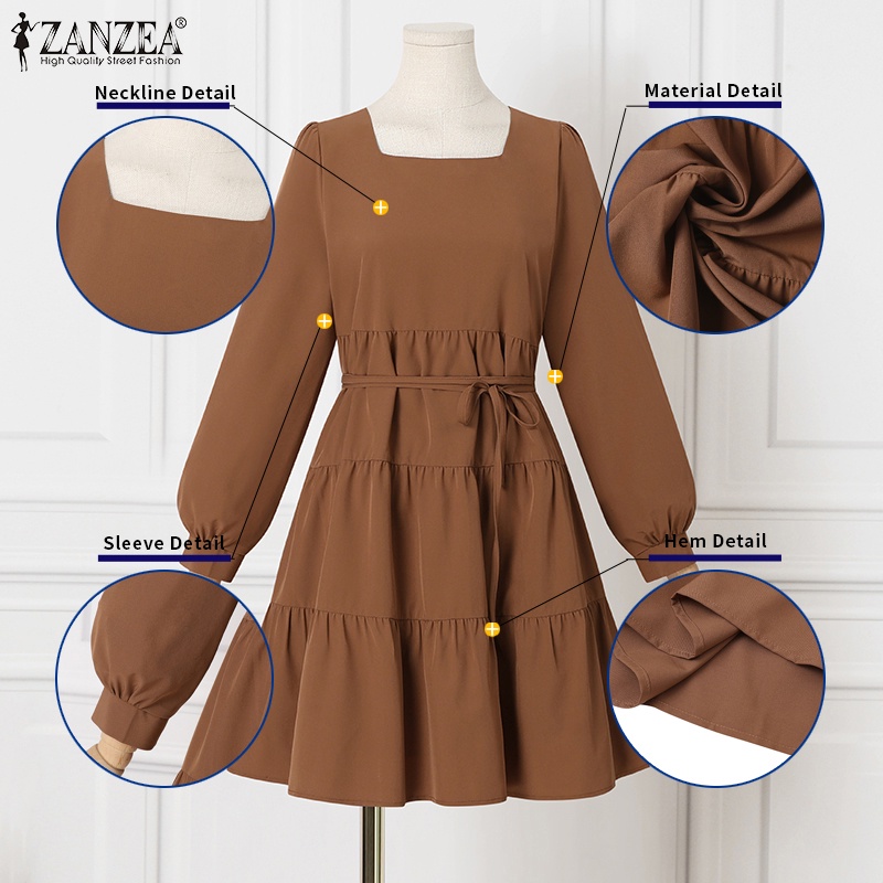 Đầm nữ ZANZEA dài tay cổ vuông nhiều lớp thời trang