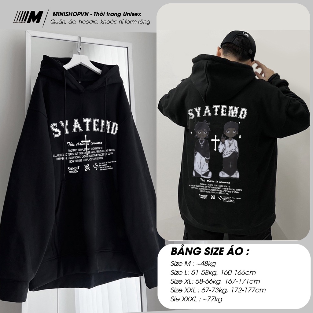 Hoodie form rộng SYATEMD mẫu mới unisex tay dài, vải nỉ dầy, mũ trùm to, in hình 2 boy hiphop chữ thập MinishopVN