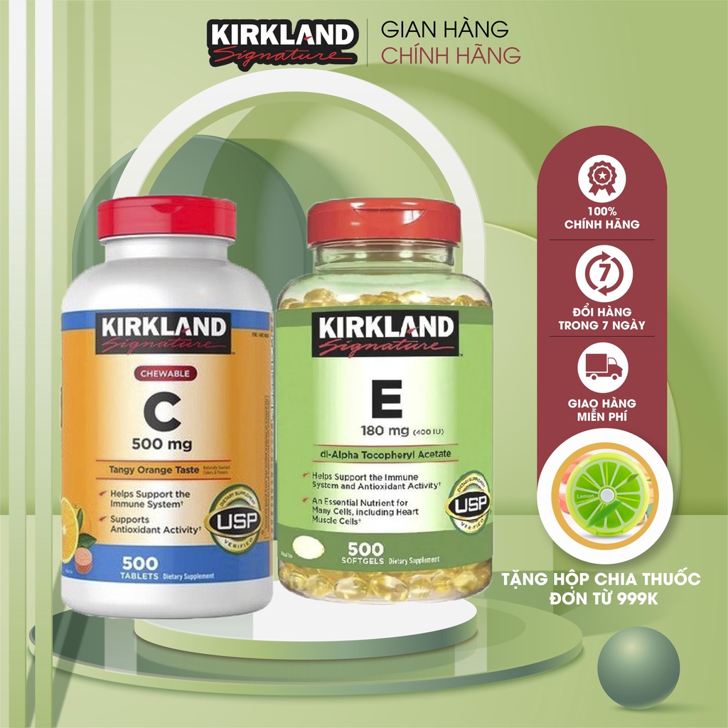 Combo Viên nhai bổ sung vitamin C500mg Kirkland và Viên uống vitamin E400 IU 500 viên Kirkland của Mỹ giúp đẹp da