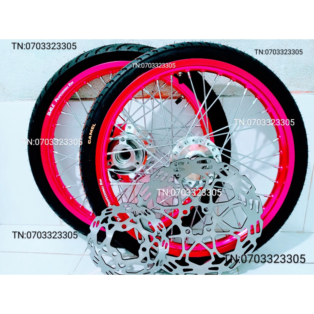 CẶP BÁNH CĂM RAIDER SATRIA NIỀN NHÔM DALE .BAN ZAI .SOLUTE. SH THÁI HỒNG  KÈM 2 ĐĨA VÀ VỎ CAMEL 50.100.60.80