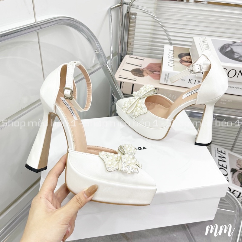 Sandal cao gót nơ ngọc đế đúp gót trụ loe fullbox hàng quảng châu cao cấp