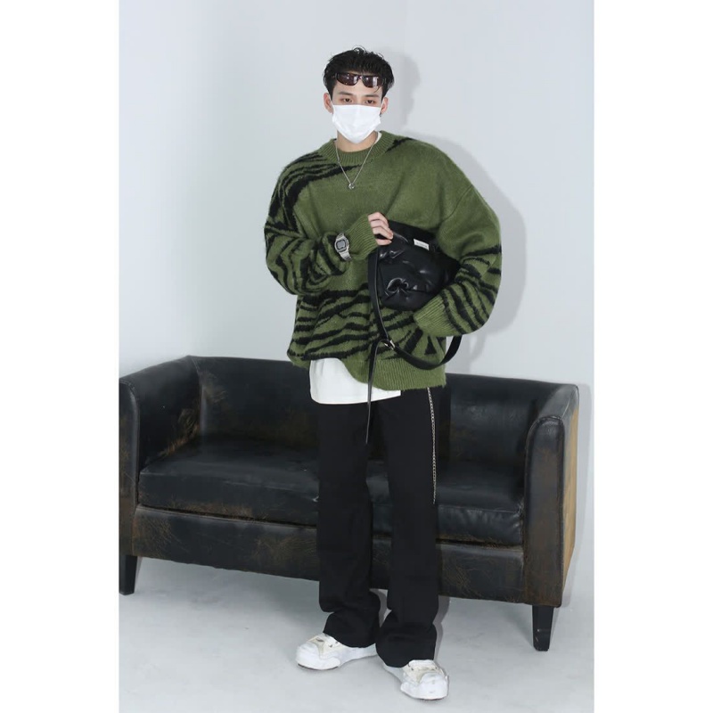 Áo Sweater Dệt Kim Cổ Tròn Dáng Rộng In Họa Tiết Ngựa Vằn Kiểu Mỹ Thời Trang Thu Đông Cho Nam