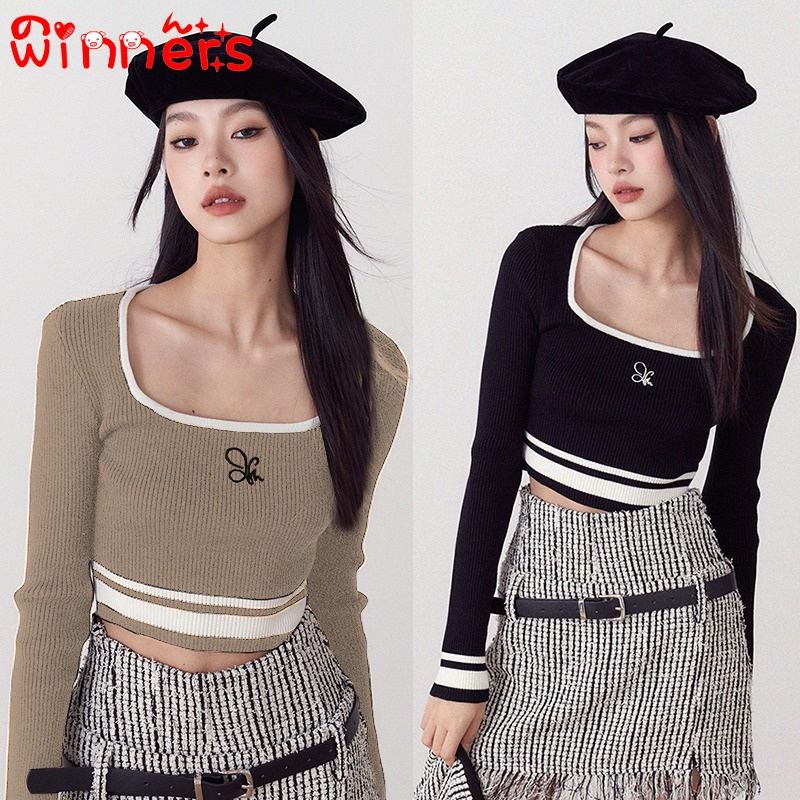 Áo Dệt Kim Tay Dài Cổ Vuông Màu Sắc Tương Phản Phong Cách Retro Dành Cho Nữ