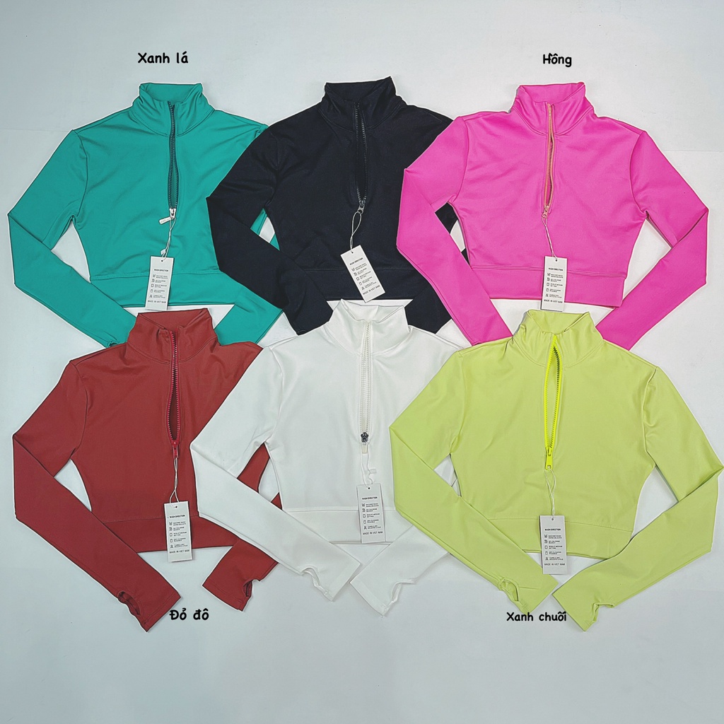 Áo Croptop Tập Gym, Yoga Tay Dài Xỏ Ngón, Dây Kéo Cổ Cao