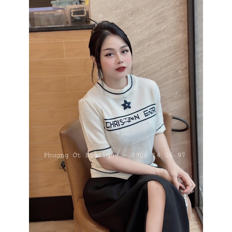 Áo len dệt Dr,CN 2 màu đen trắng cho nữ, áo len ngắn tay hàng QC