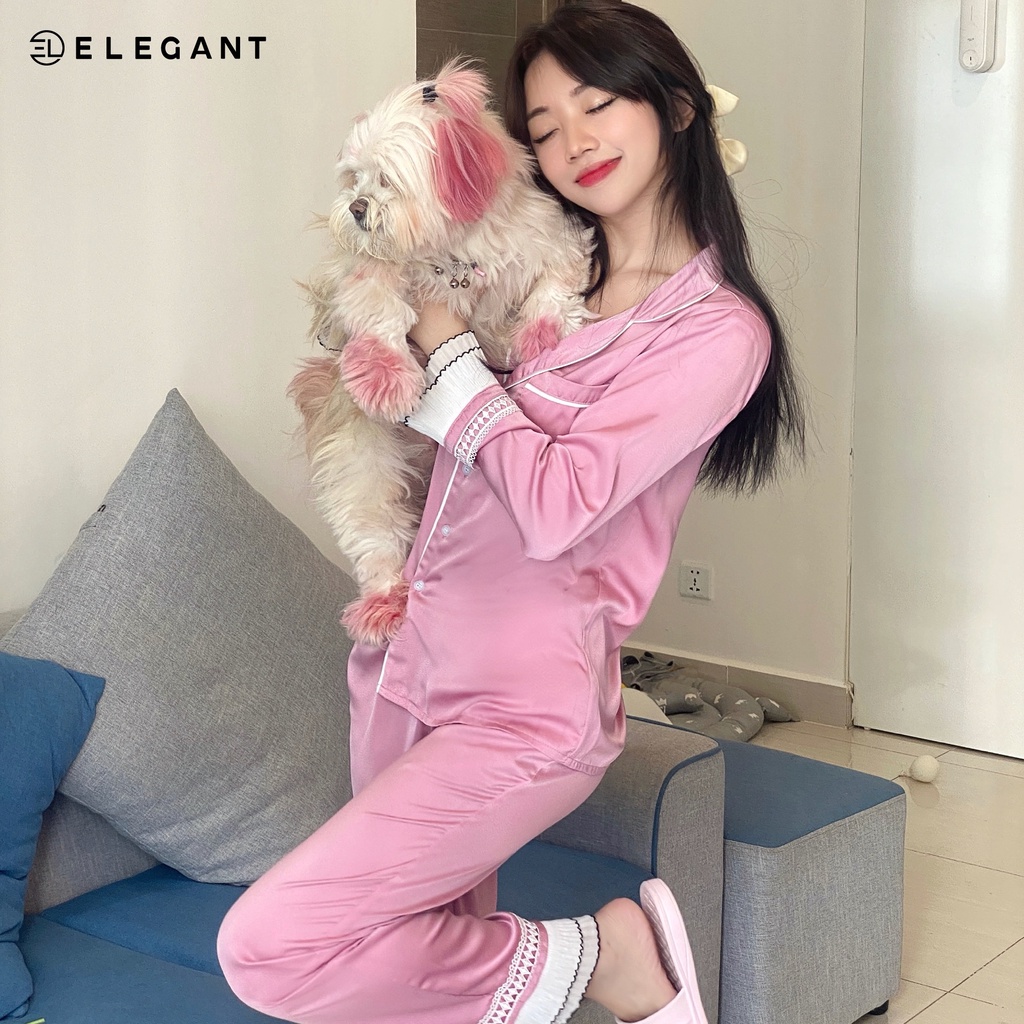 Bộ Ngủ Dài tay, Bộ Ngủ Lụa Cao Cấp ELEGANT - Bộ Đồ Ngủ Nữ Mặc Nhà Dài Tay Kiểu Dáng Ngọt Ngào EL2201