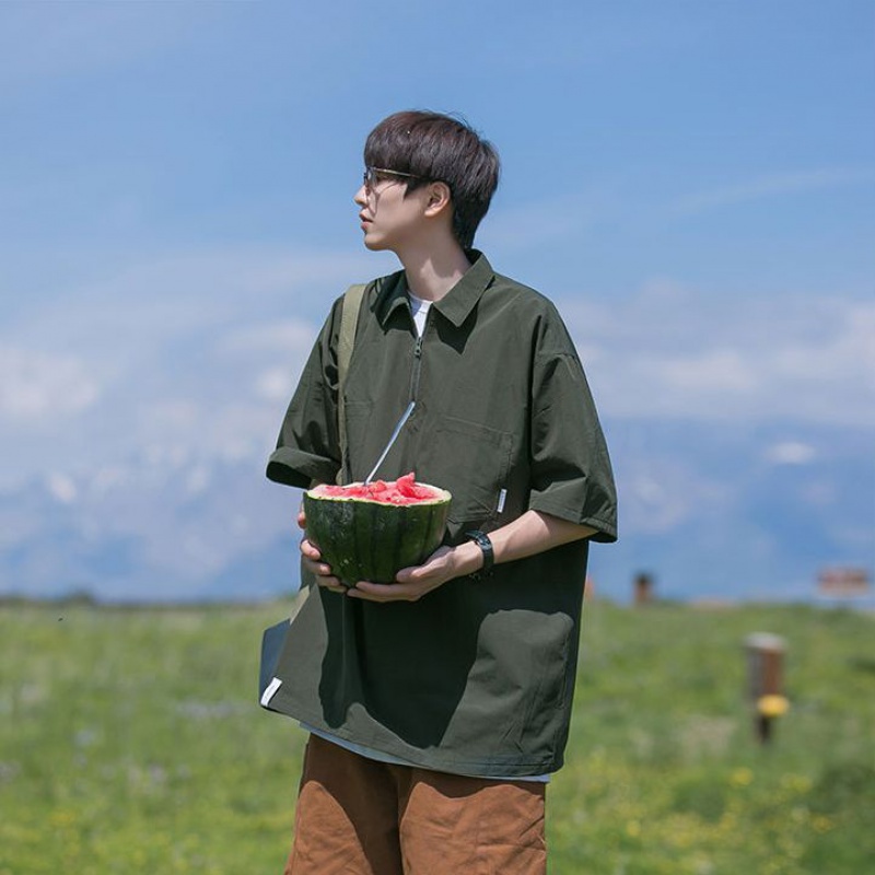 Áo Thun POLO Tay Ngắn Dáng Rộng Có Khóa Kéo Phong Cách Nhật Bản Thời Trang Mùa Hè Cho Nam