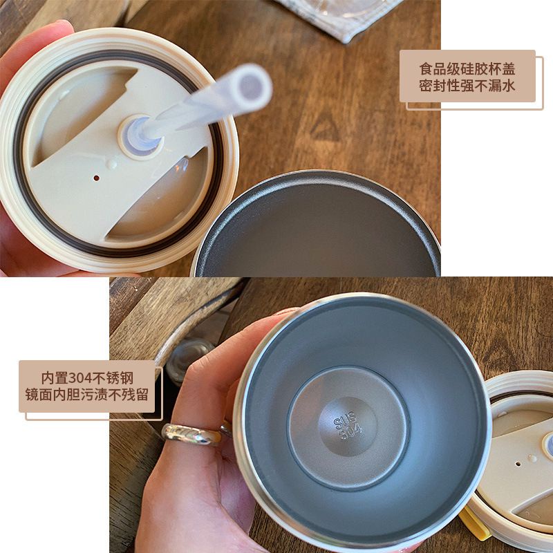 Bình nước giữ nhiệt có ống hút và dây đeo dễ thương tiện dụng dành cho bạn nữ 370ml