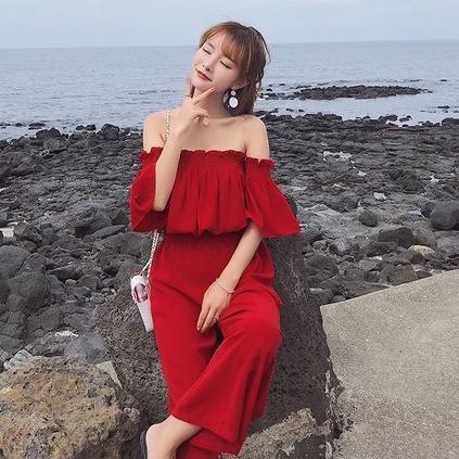 Happy-store ❤️ Set váy đi biển hai mảnh màu đặc Áo trễ vai tay phồng+quần dài ống rộng