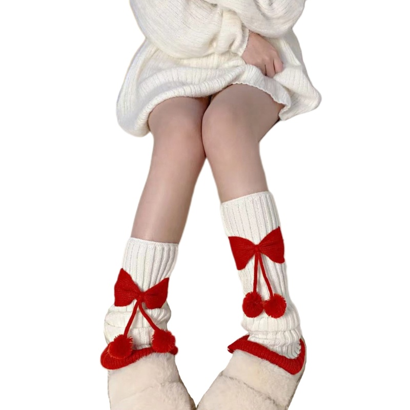 Vớ Dài Dệt Kim Giữ Ấm Chân Viền Bèo Đính Nơ Pompom Mừng Năm Mới Cho Nữ