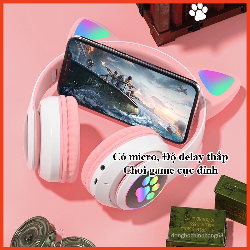 Tai Nghe Mèo Bluetooth Chụp Tai 23M, Headphone Tai Mèo Dễ Thương Có Mic, Âm Bass Mạnh Mẽ Nghe Nhạc Hay