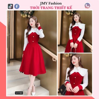  VH190 Váy sơ mi nhung đỏ xoè dài tay  FREESHIP  váy nhung phối tay trắng Noel lễ tết - MC&HàThanh 