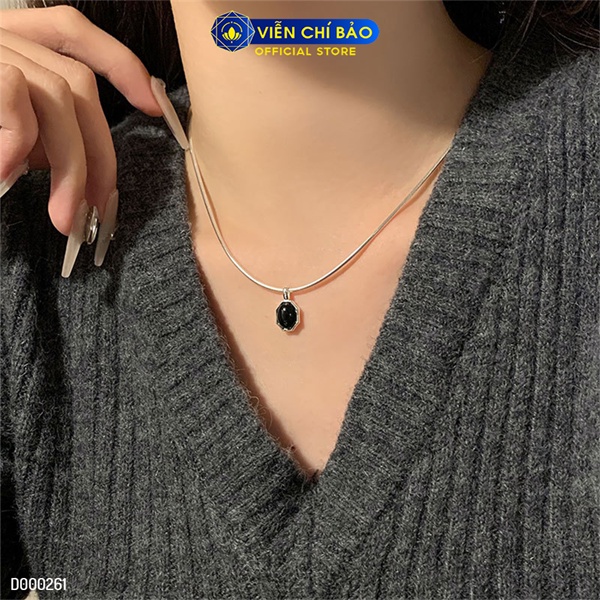 Dây chuyền bạc nữ trơn to mặt đá đen chất liệu bạc 925 thời trang phụ kiện trang sức Viễn Chí Bảo D000261