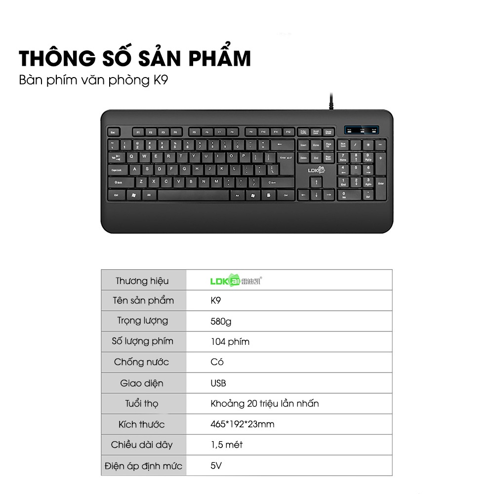 Bàn phím máy tính có dây SIDOTECH LDK9 thiết kế full size 104 phím chống nước phần kê tay siêu rộng cho laptop văn phòng