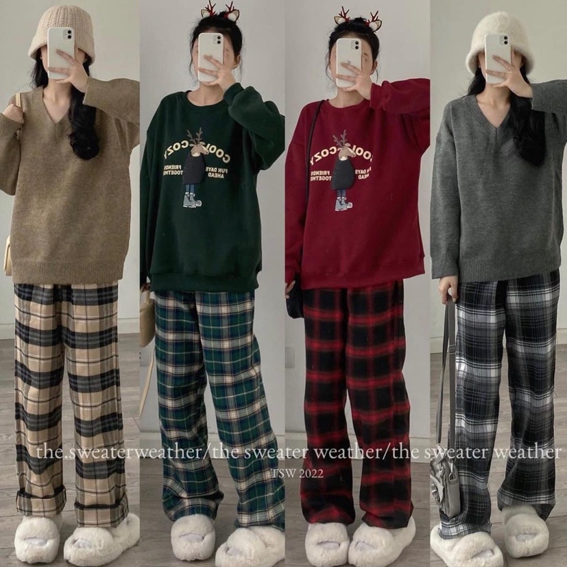 Quần Ống Rộng Kẻ Caro Lưng Cao - Quần Kẻ Sọc Caro Ống Rộng Ống Suông Ulzzang