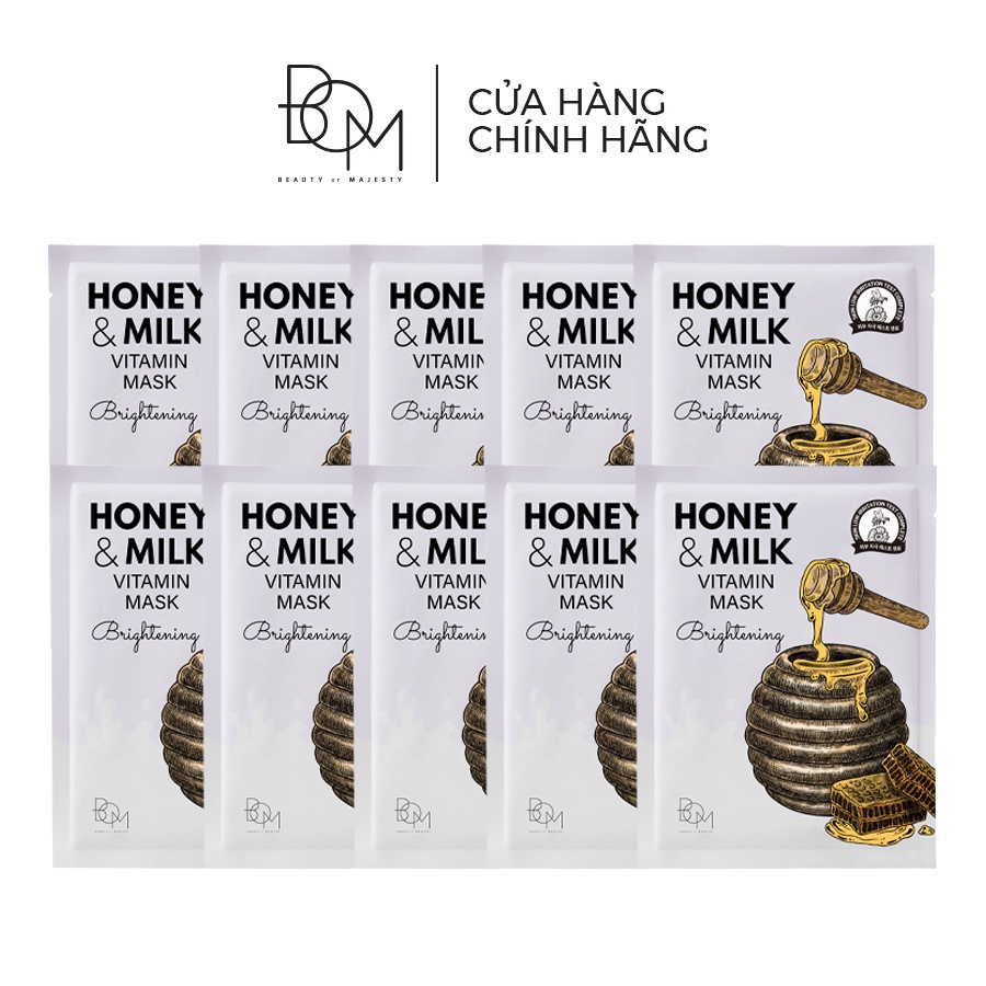 Combo 10 miếng mặt nạ BOM Honey & Milk Brightening Vitamin Mask Mặt Nạ Làm Sáng 25g