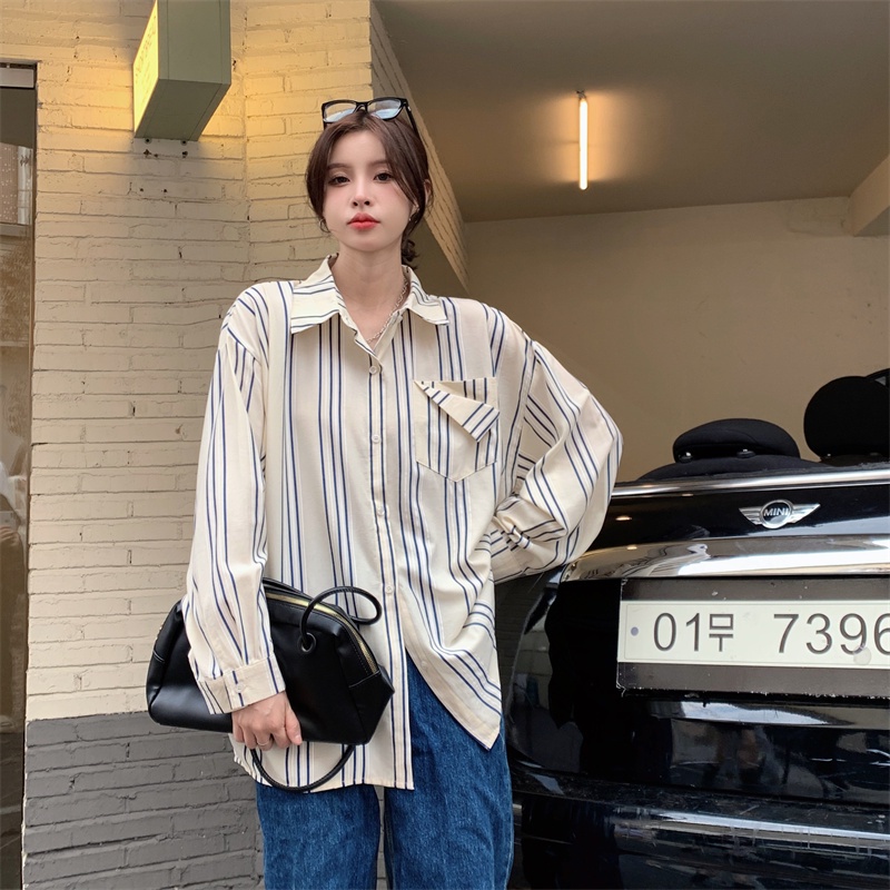 Áo sơ mi SUXI tay dài quá cỡ họa tiết kẻ sọc phong cách Hàn Quốc thời trang đơn giản dành cho nữ