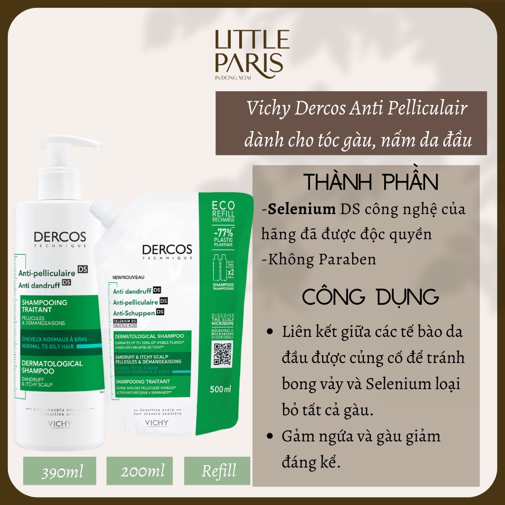 Dầu Gội Tóc Gàu Vichy Dercos Anti-Pelliculaire DS Chống Bết Tóc, Nấm Tóc, Da Đầu Dầu 390ml