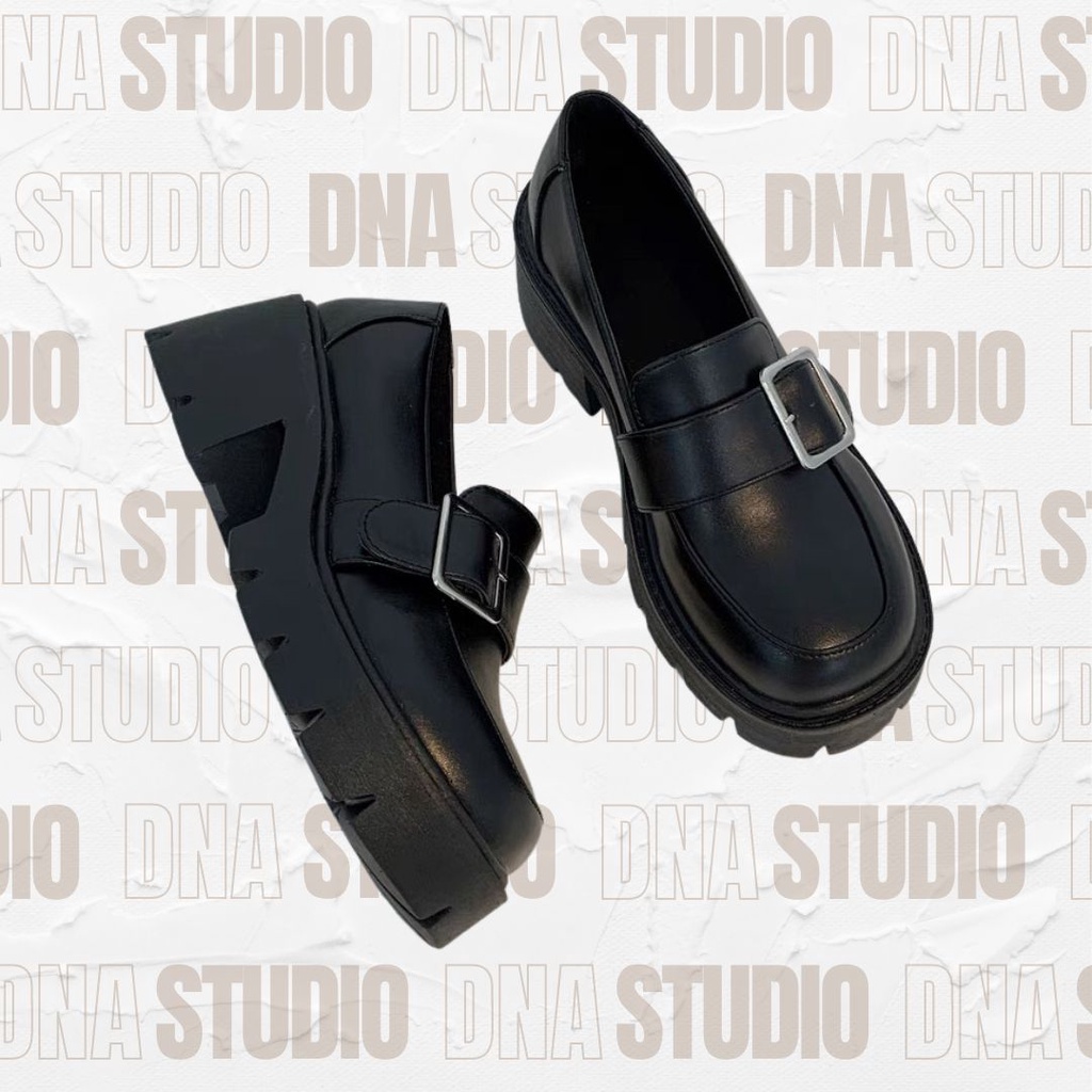 Giày loafer/ giày lười trang trí khoá kim loại màu bạc đế bánh mì cao 6.5 cm