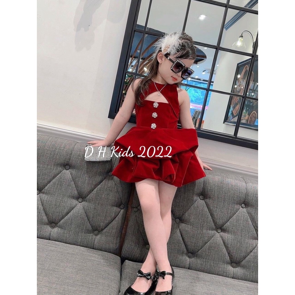 VÁY NHUNG ĐỎ CÁCH ĐIỆU HOA ĐÁ CHO BÉ GÁI (K12) ⚡ FREE SHIP⚡️