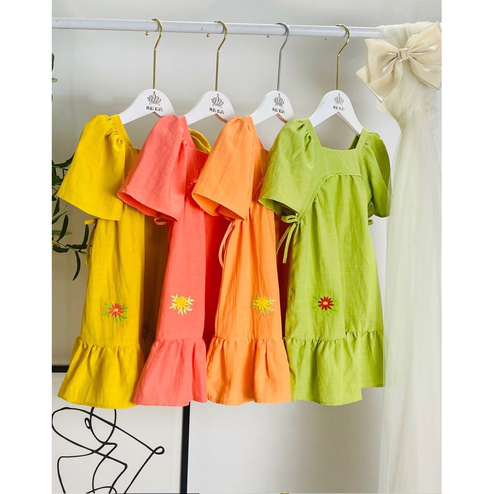 ĐẦM BÉ GÁI TƠ LINEN TAY RỘNG XÒE RŨ, 2 NƠ CỘT EO RẤT DUYÊN DIỆN TẾT
