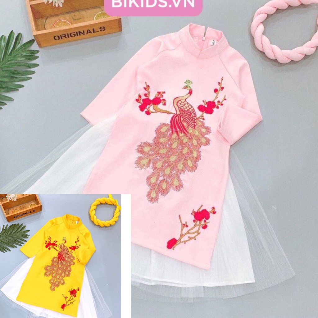 XẢ KHO - Áo dài kèm váy hình con công cho bé gái 3-6 tuổi (kèm vấn)