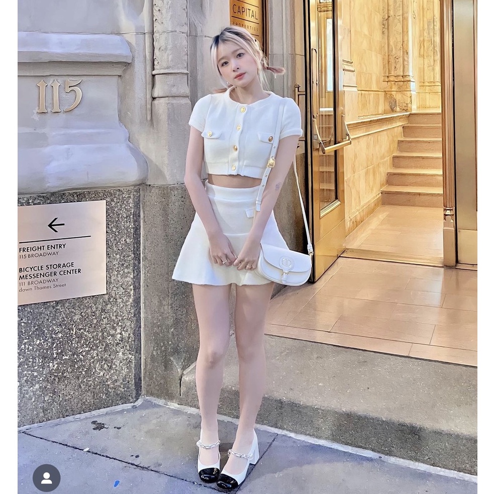 Giày cao gót đế vuông miumiu họa tiết quai xích ngọc tiểu thư thanh lịch