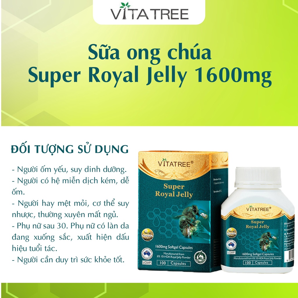 Viên uống sữa ong chúa VITATREE SUPER ROYAL JELLY 1600mg Hộp 100 Viên - tăng cường sức khoẻ, làm đẹp da