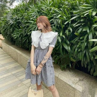 A57 đầm babydoll caro cổ lá viền bèo xinh xắn
