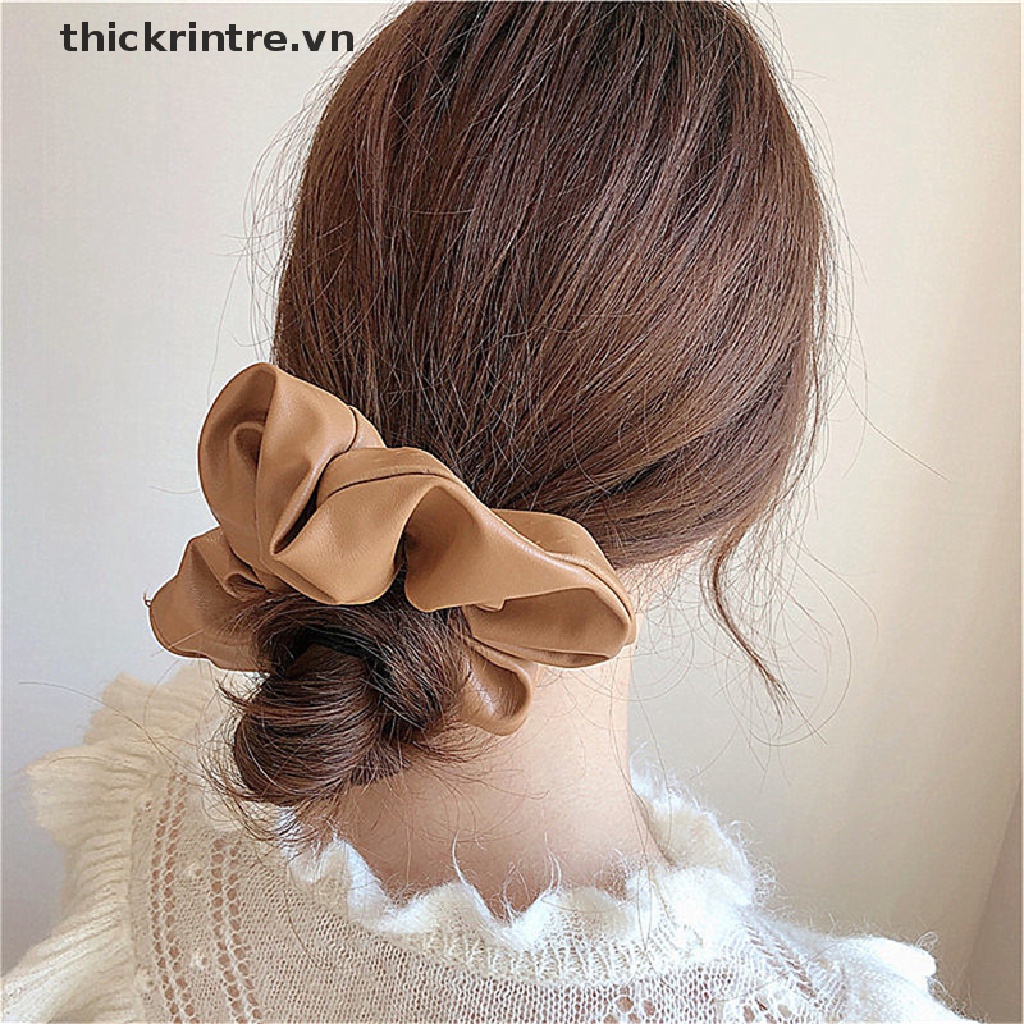 Dây Buộc Tóc Da PU Màu Trơn Cỡ Lớn Thời Trang Thu Đông Cho Nữ