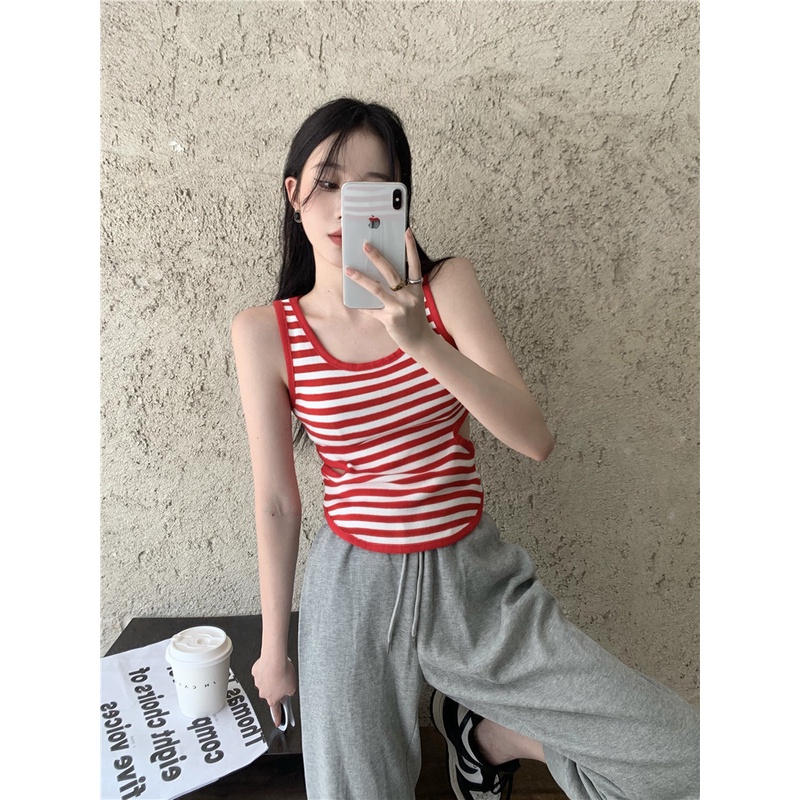 HUANG YOYO Áo Croptop Dệt Kim Sát Nách Cổ Chữ U Họa Tiết Kẻ Sọc Thời Trang Hàn Quốc 2023 Cho Nữ