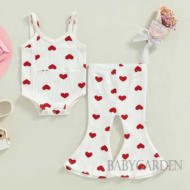 Bộ Áo Liền Quần Sát Nách In Họa Tiết Trái Tim Kèm Quần Ống Loe Lưng Thun Thời Trang Mùa Hè Cho Bé Gái 0-3 Tuổi