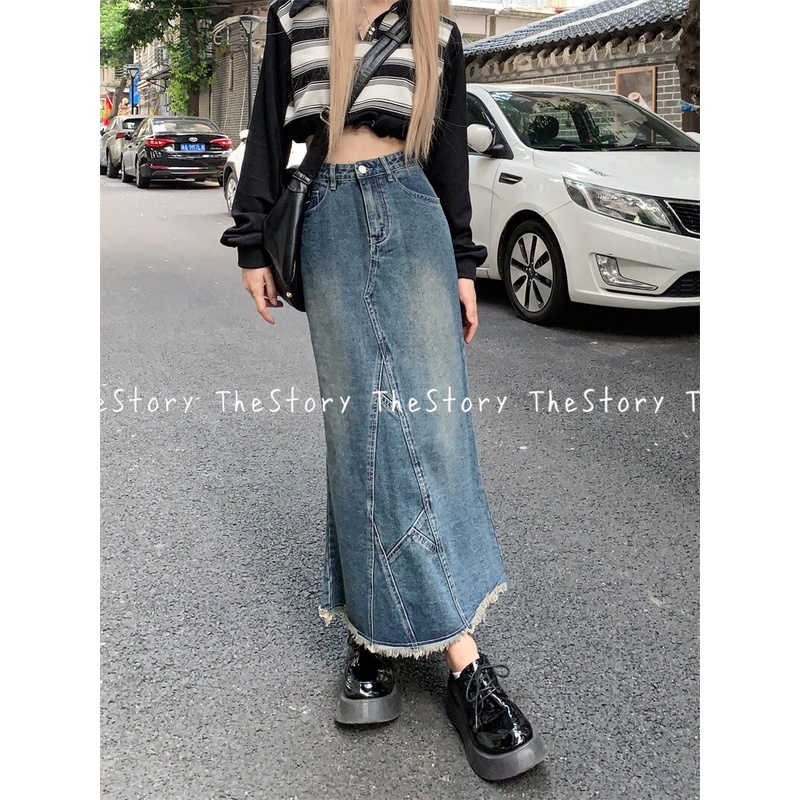 Chân váy jean dài có tua rua dưới gấu  CV354, CV356